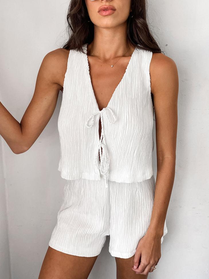 Swimwear & Beachwear |  Womens Cream Pointelle Cotton-Blend Sleeveless Tie Front Waistcoat Clothing Co-Ords