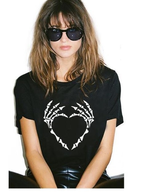 Tops |  Womens Black Halloween Skeleton Heart Print Jersey T-Shirt Clothing Tops