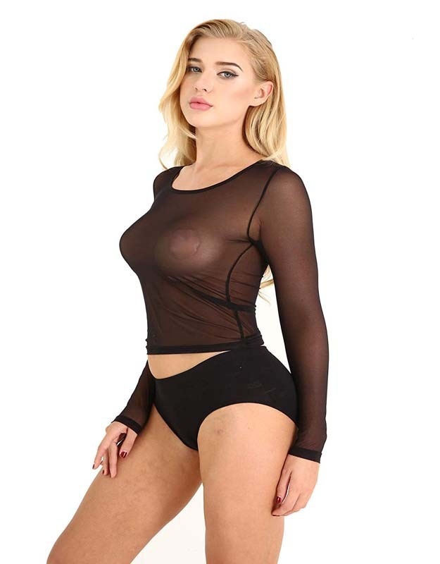 Tops |  Womens Black Ruched Front Mesh Long Sleeve Top Clothing Tops