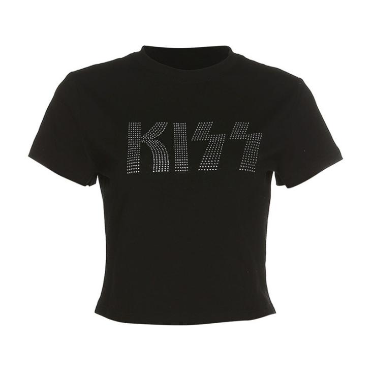 Tops |  Womens Dark Grey Diamante Acid Wash Kiss T-Shirt Clothing Tops