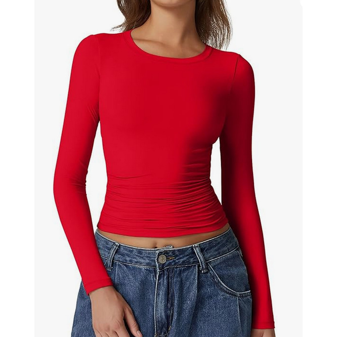 Tops |  Womens Red Ribbed Crew Neck Long Sleeved Top Basics Basics