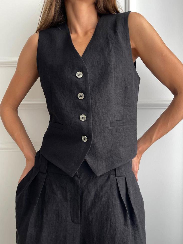 Waistcoats |  Womens Black Linen Blend Button Front Waistcoat Clothing Waistcoats