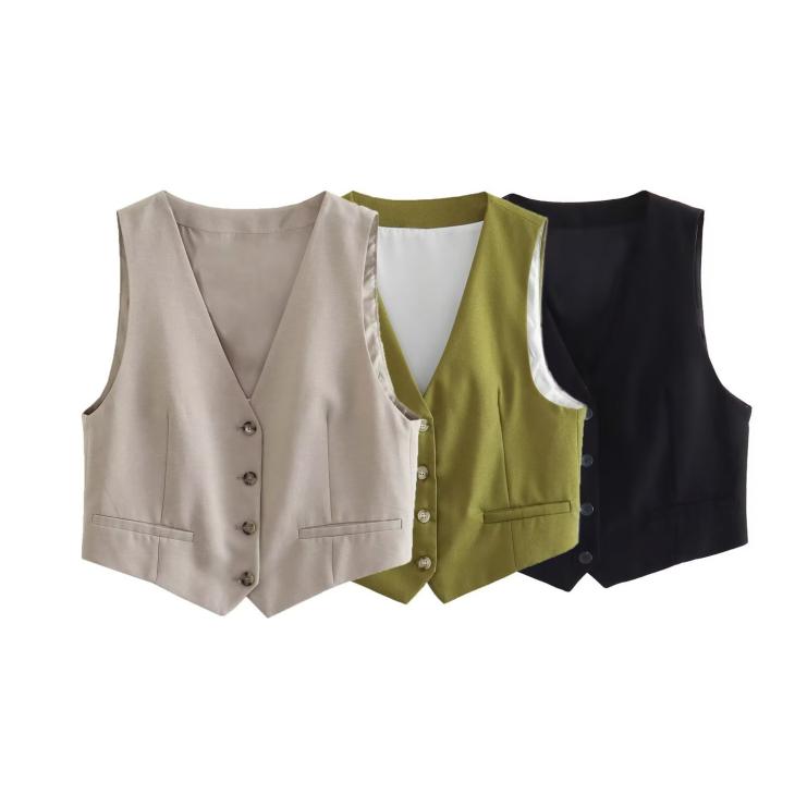 Waistcoats |  Womens Green Linen Blend Button Front Waistcoat Clothing Waistcoats